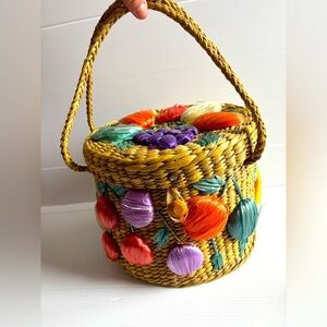 Vintage Woven Wicker Basket 1950s-1960s Sewing Basket